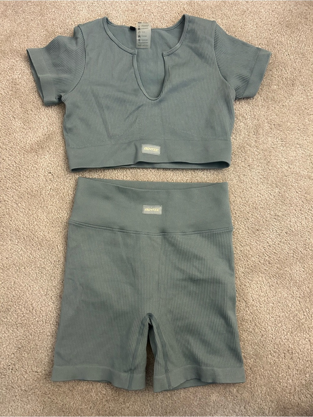 Seamless Ribbed High-Waist Bike Shorts - Dusty Blue